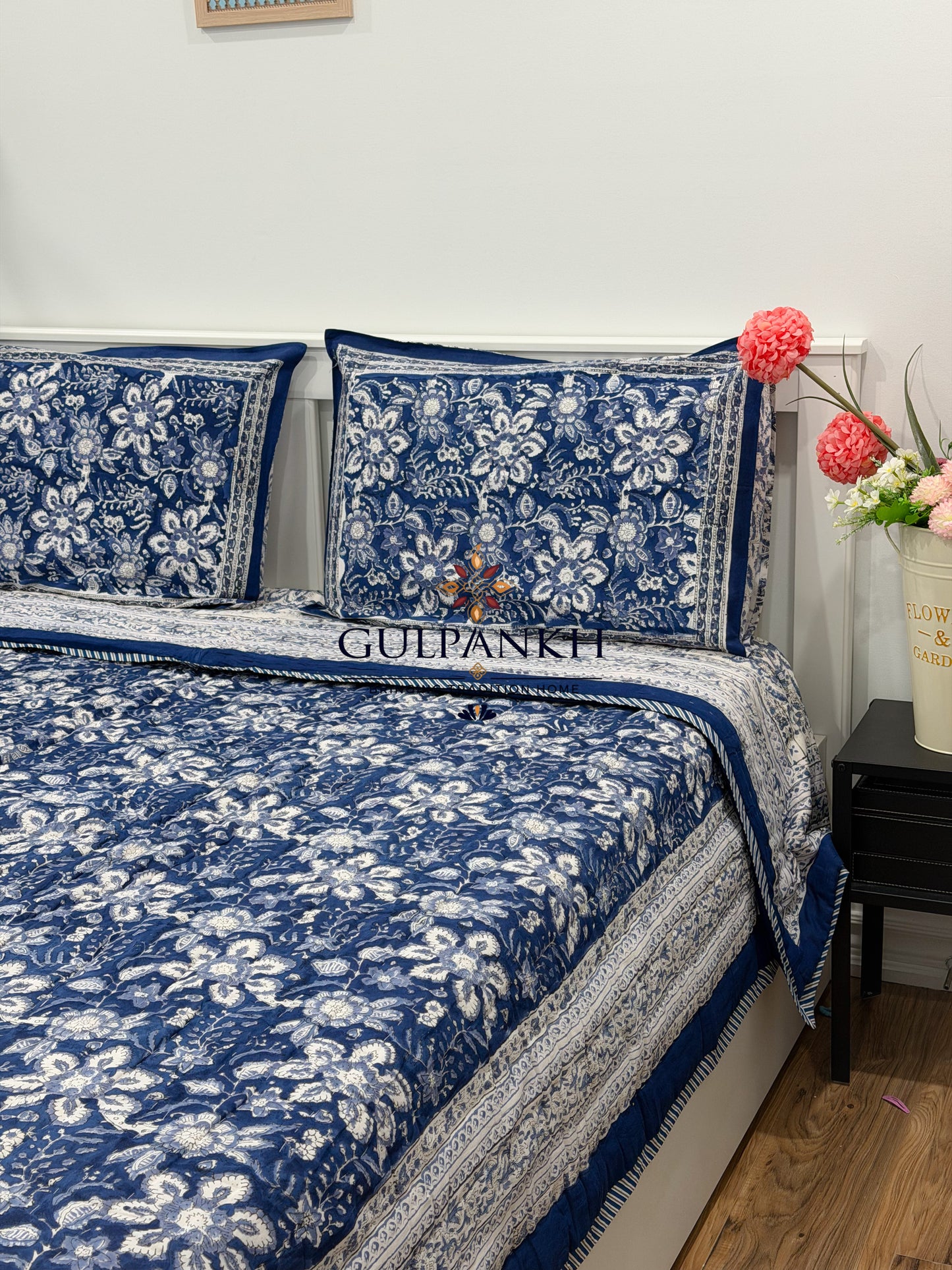 Hand Block Printed Cotton Quilt - Indigo Heritage Bloom | Gulpankh Canada