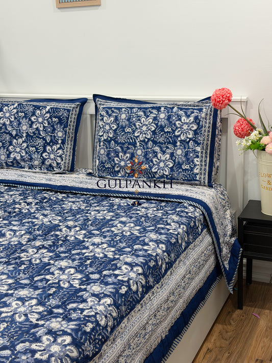 Hand Block Printed Cotton Quilt - Indigo Heritage Bloom | Gulpankh Canada