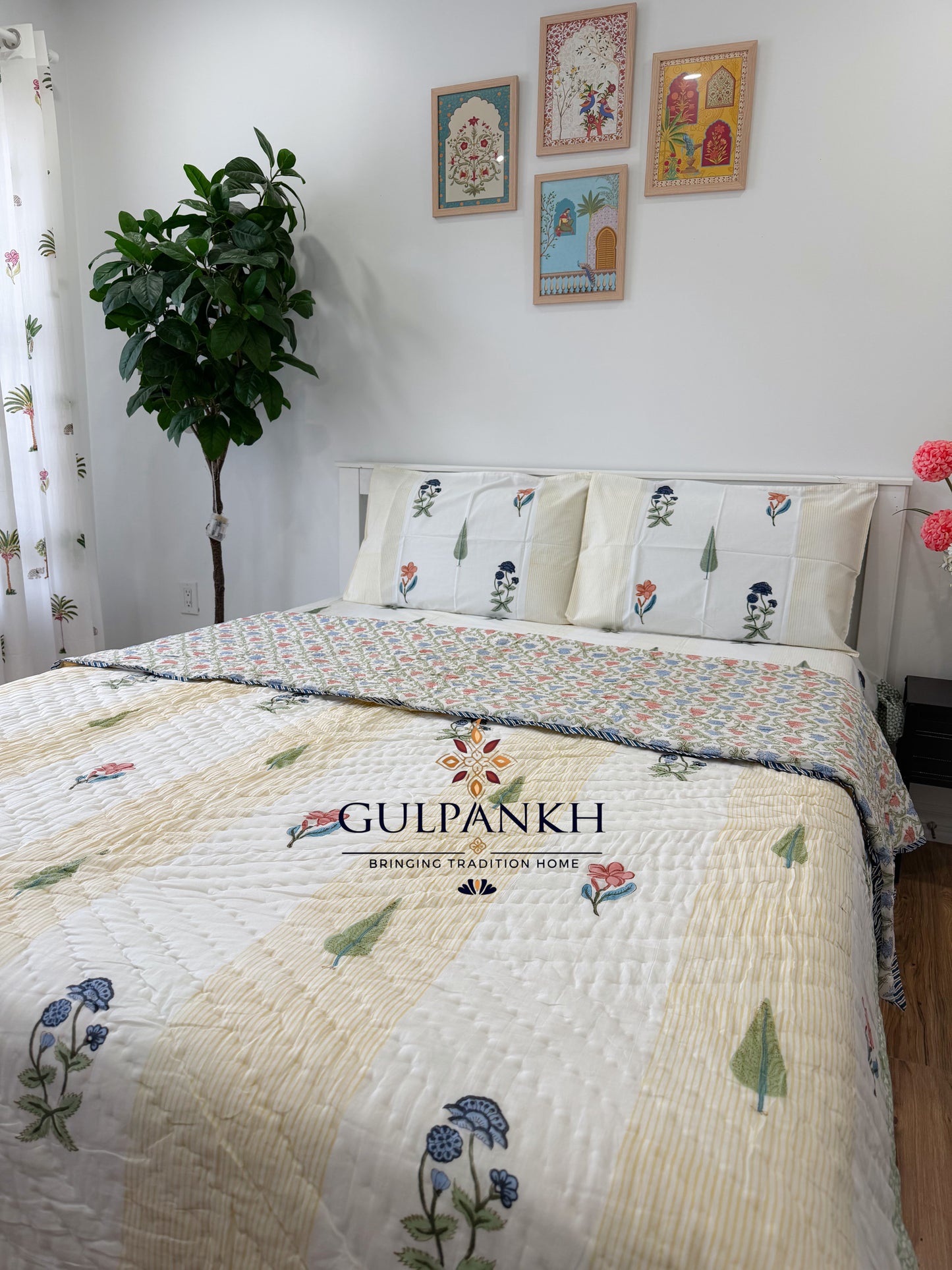 Hand Block Printed Cotton Bedding Set with Quilt - Saanjh Floral | Gulpankh Canada