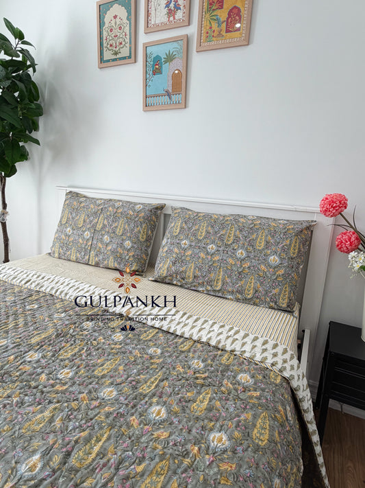 Hand Block Printed Cotton Bedding Set with Quilt - Vintage Olive Botanica | Gulpankh Canada