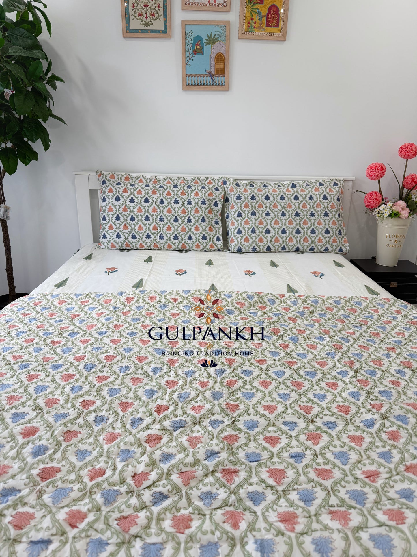 Hand Block Printed Cotton Bedding Set with Quilt - Saanjh Floral | Gulpankh Canada