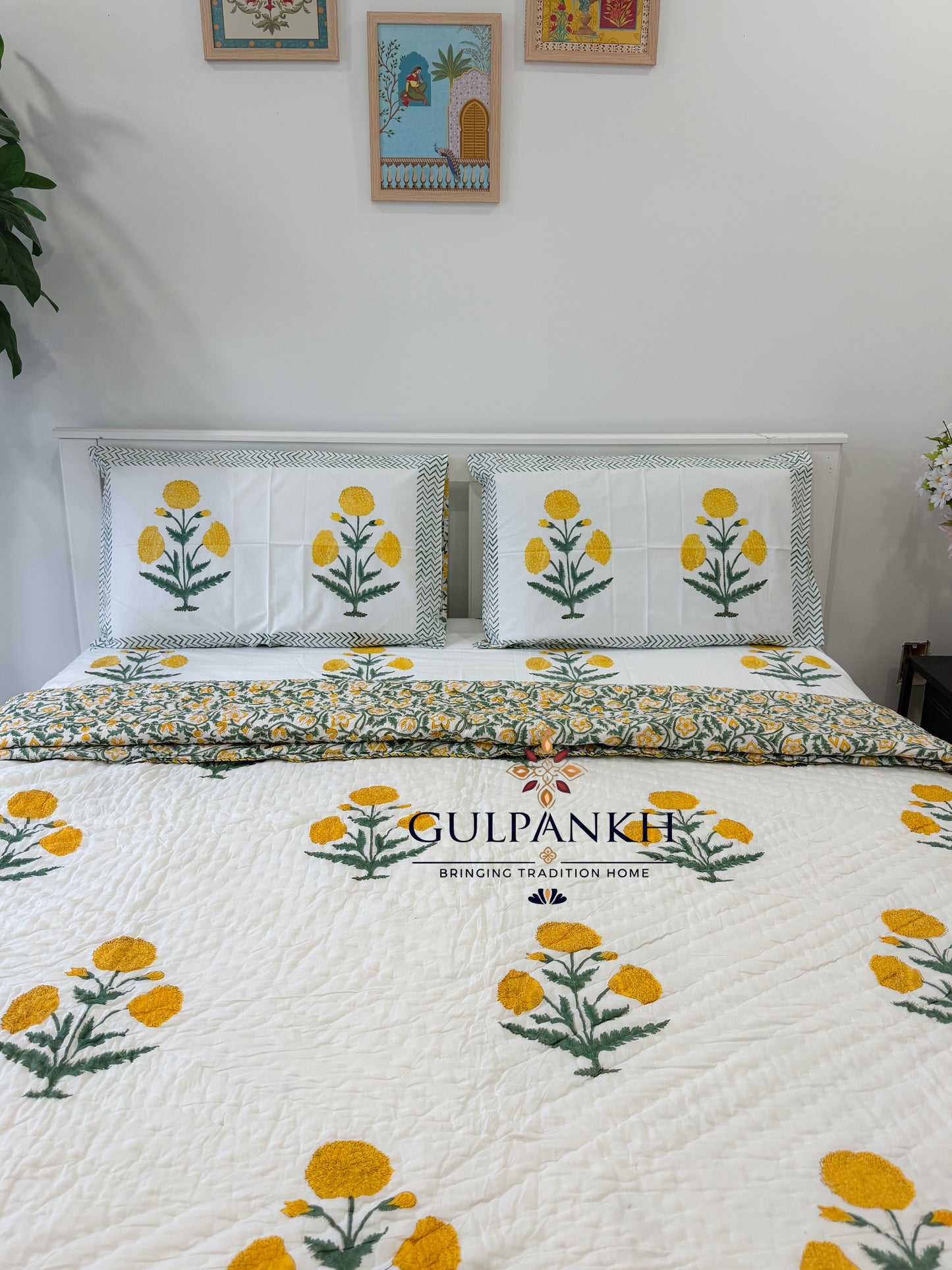 Hand Block Printed Cotton Bedding Queen Set with Quilt - Marigold Bloom | Gulpankh Canada
