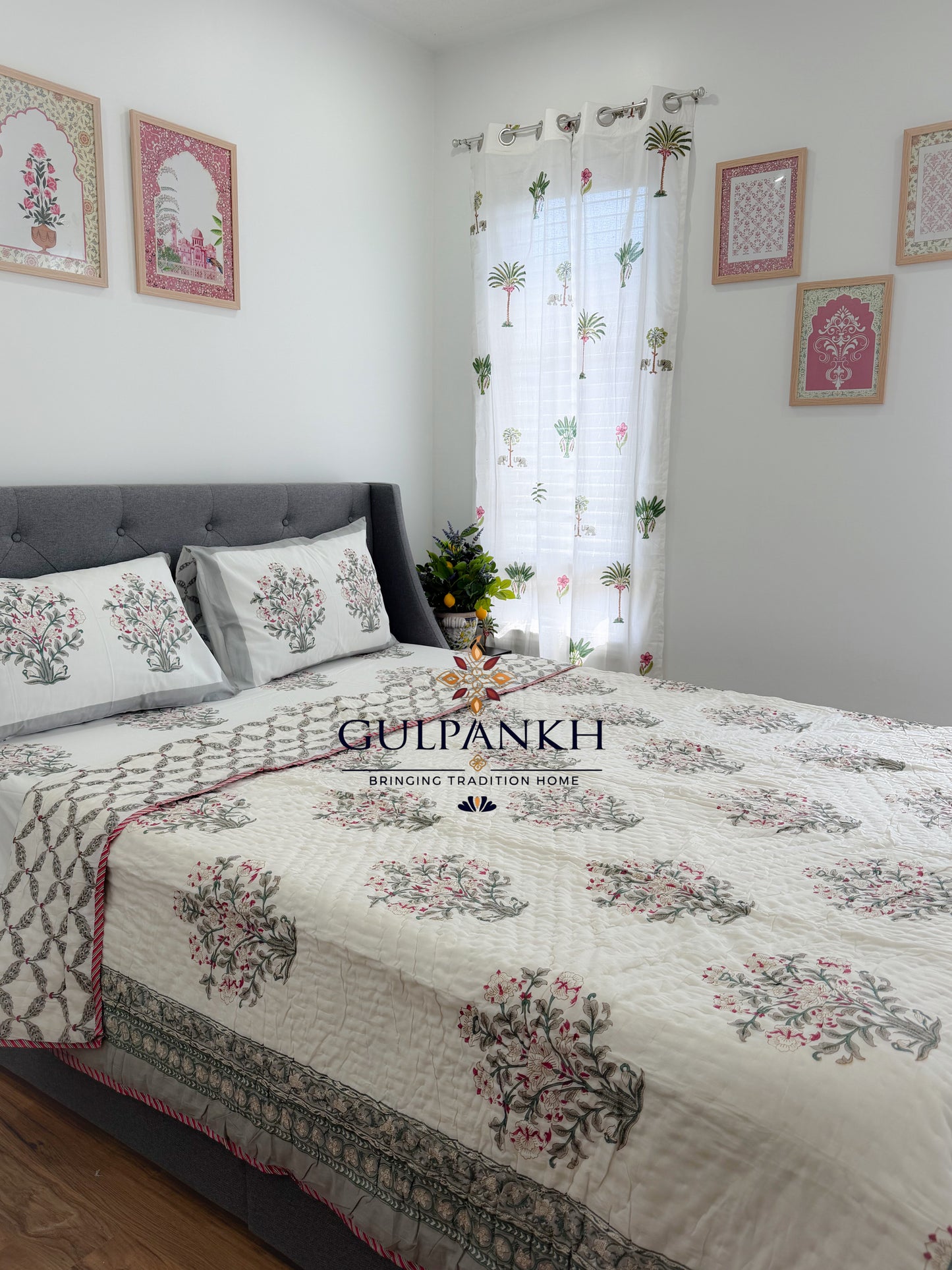 Hand Block Printed Cotton Bedding Set with Quilt - Rosé Meadow Luxe | Gulpankh Canada
