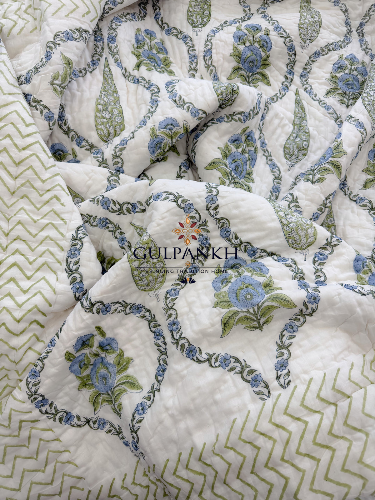 Hand Block Printed Cotton Quilt - Neel Vatika | Gulpankh Canada