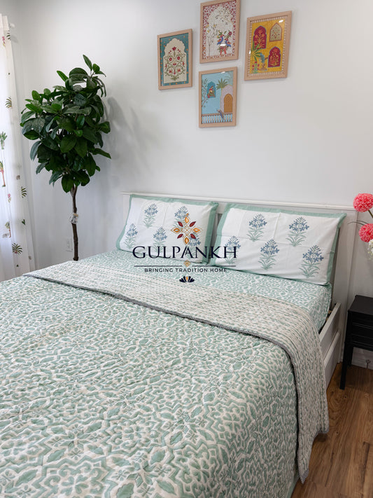 Hand Block Printed Cotton Bedding Set with Quilt - Mint Courtyard Luxe | Gulpankh Canada