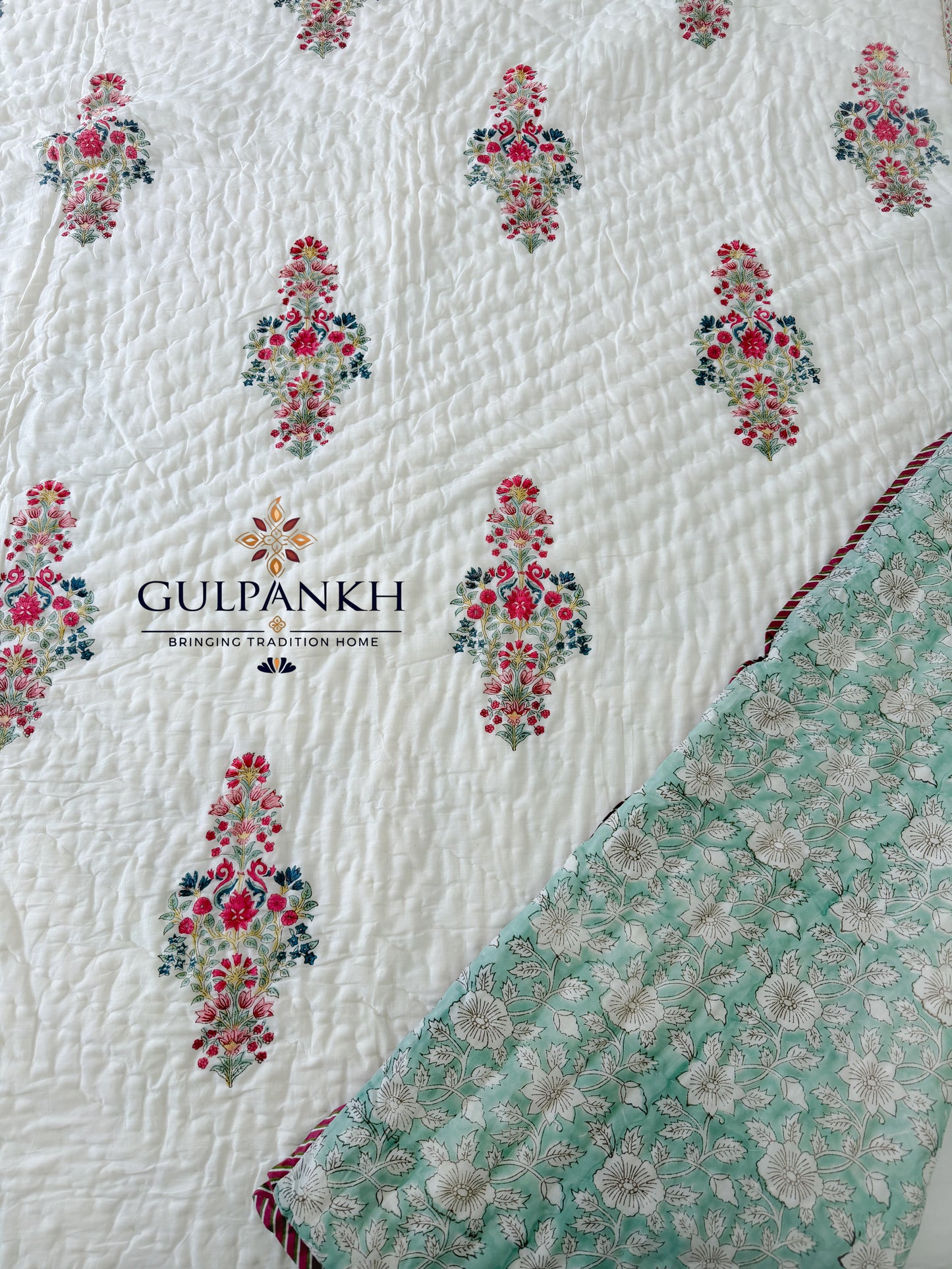 Reversible Hand Block Printed Cotton Quilt - Aafreen Mint Gulzar | Gulpankh Canada