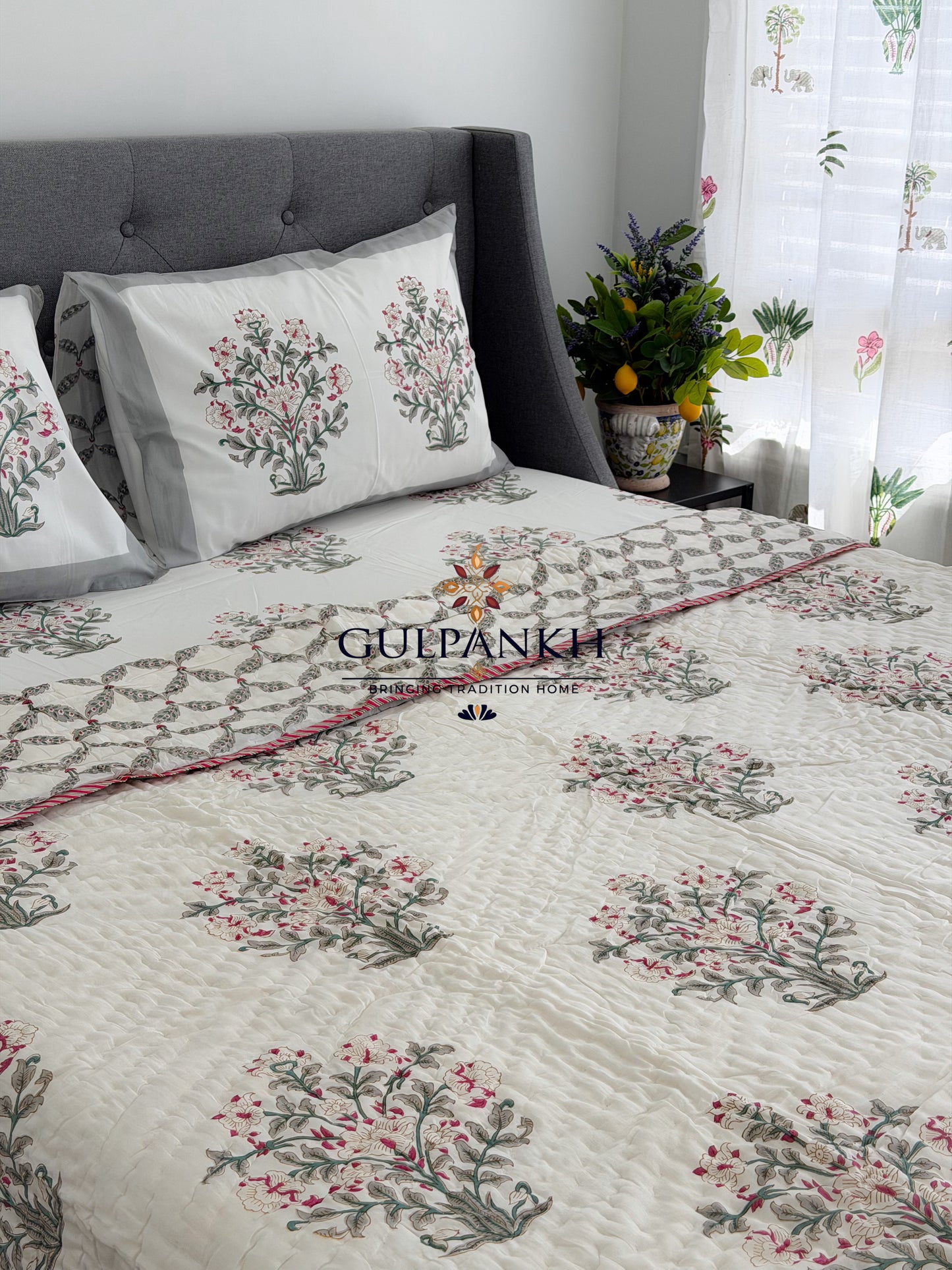 Hand Block Printed Cotton Bedding Set with Quilt - Rosé Meadow Luxe | Gulpankh Canada