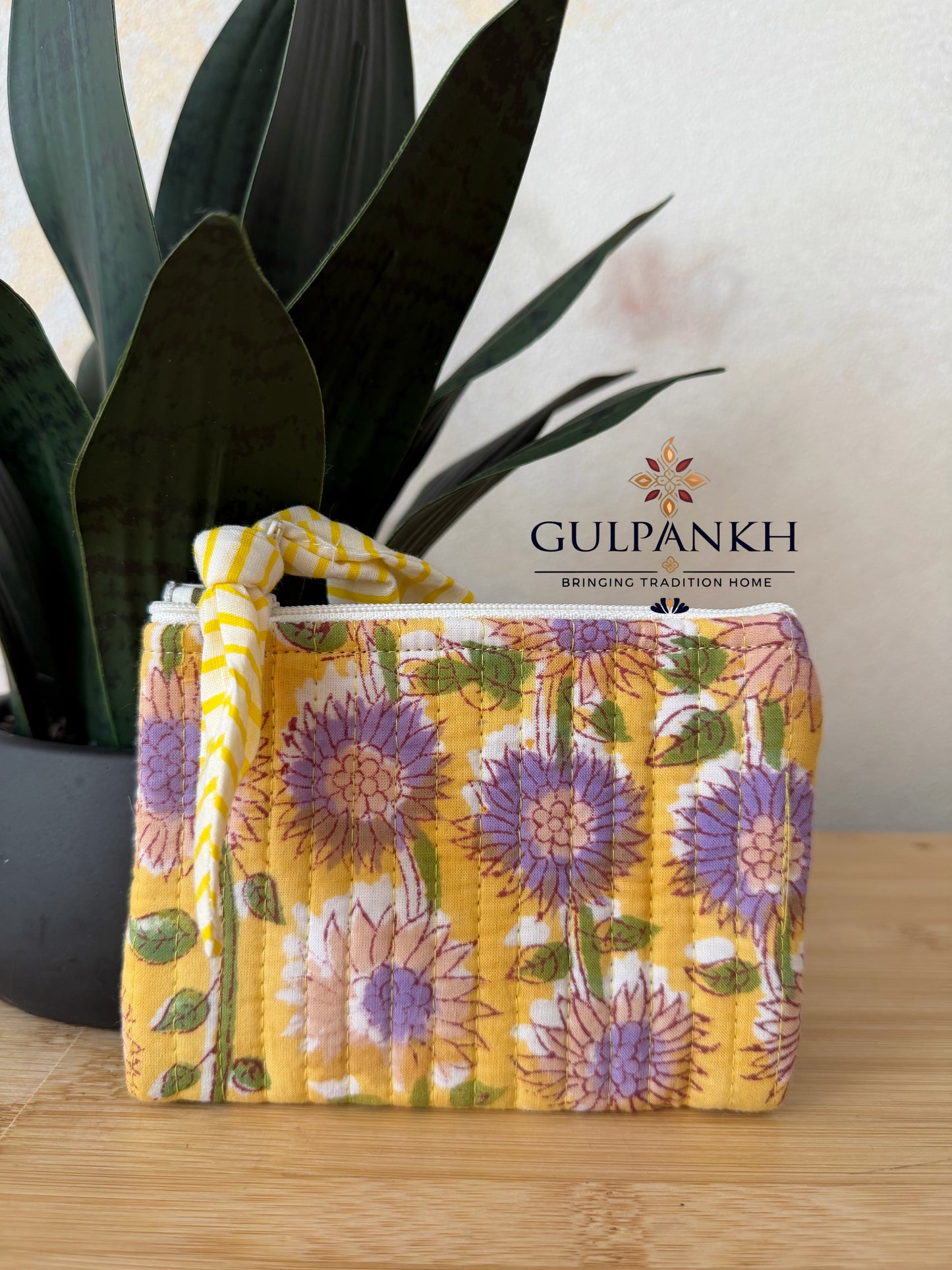 Hand Block Printed Quilted Flat Pouch – Sunlit Lavender Bloom | Gulpankh Canada