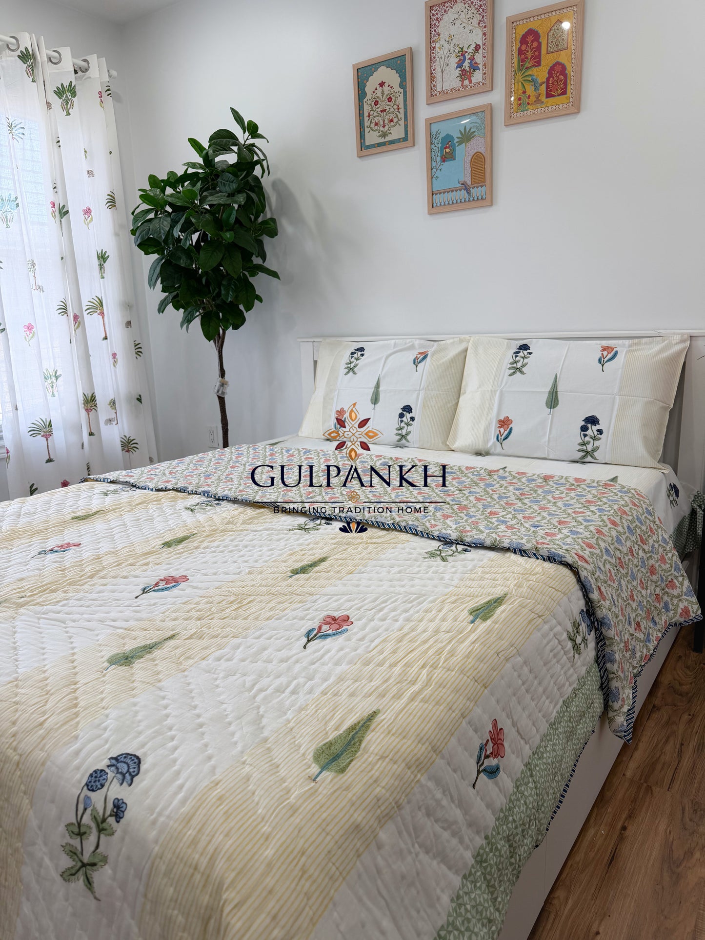 Hand Block Printed Cotton Bedding Set with Quilt - Saanjh Floral | Gulpankh Canada