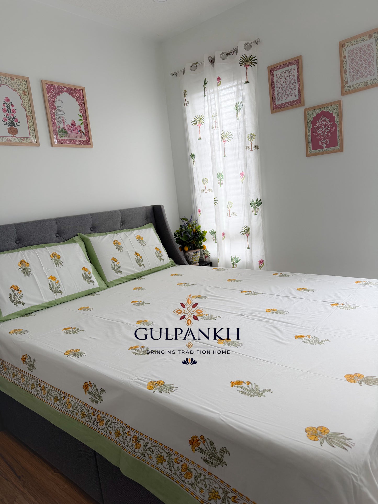 Golden Buta Hand Block Printed Fitted Bedsheet | Gulpankh Canada