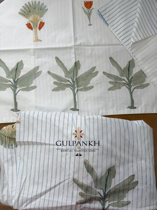 Hand Block Printed King Fitted Bedsheet - Palm Grove Breeze | Gulpankh Canada