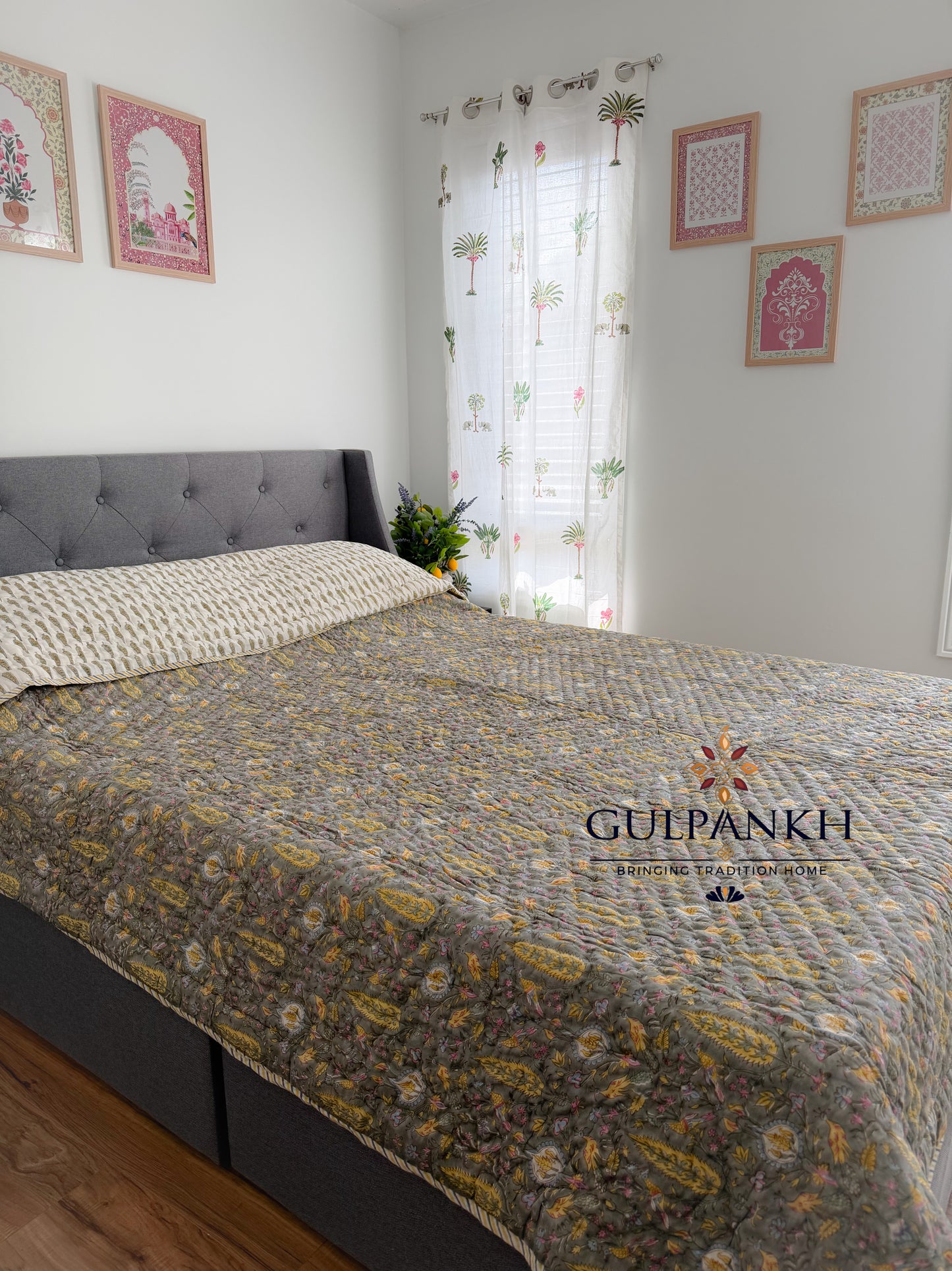 Hand Block Printed Cotton Quilt - Olive Gulzar | Gulpankh Canada