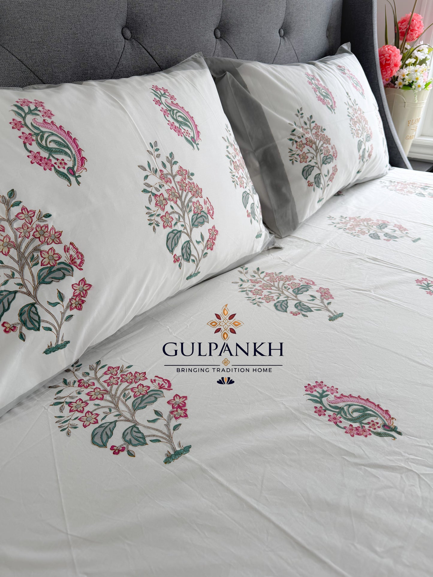 Hand Block Printed King Fitted Bedsheet - Blush Paisley Garden | Gulpankh Canada