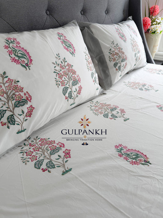 Hand Block Printed King Fitted Bedsheet - Blush Paisley Garden | Gulpankh Canada