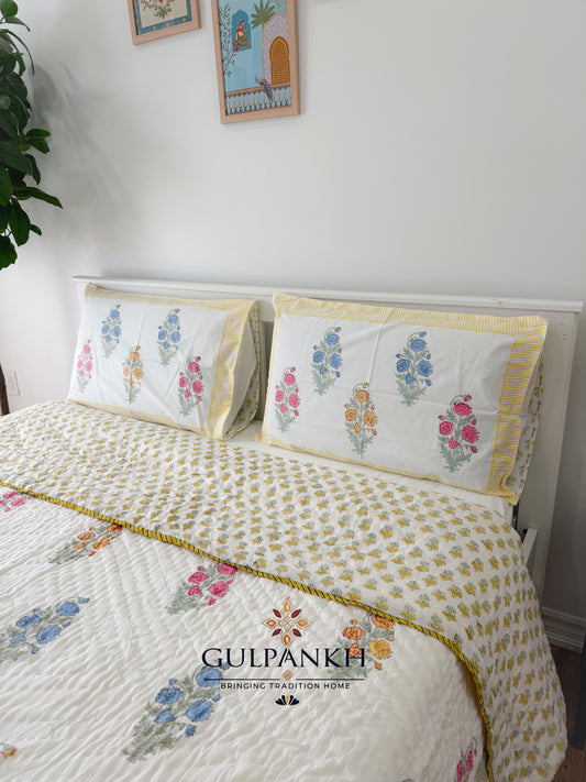 Reversible Hand Block Printed Cotton Quilt - Rangrez Gulbahar | Gulpankh Canada
