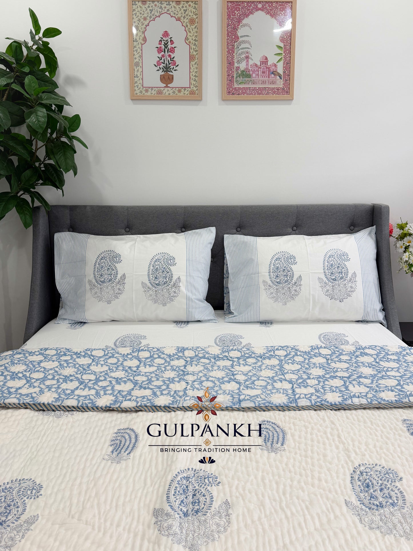 Hand Block Printed Cotton Bedding Set with Quilt - Neel Paisley Garden | Gulpankh Canada