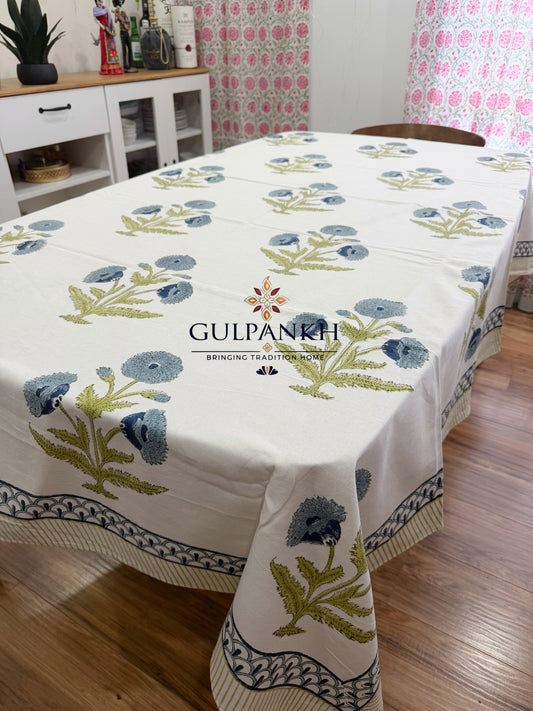 Hand Block Printed Cotton Table Cover - Blue Cornflower Meadow | Gulpankh Canada