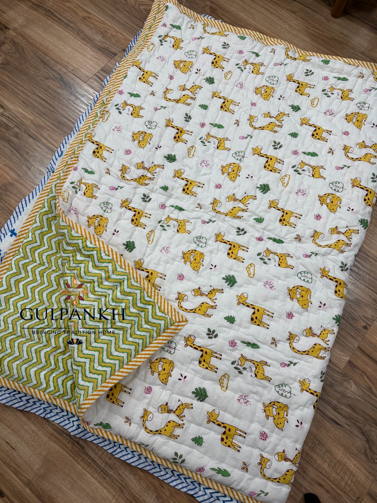 Giraffe Garden Kids Cotton Quilt – Hand Block Printed Kids Bedding | Gulpankh Canada