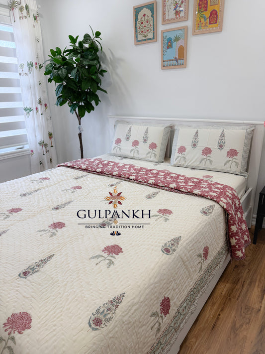 Hand Block Printed Cotton Bedding Set with Quilt - Gulnaar Ivory Bagh | Gulpankh Canada