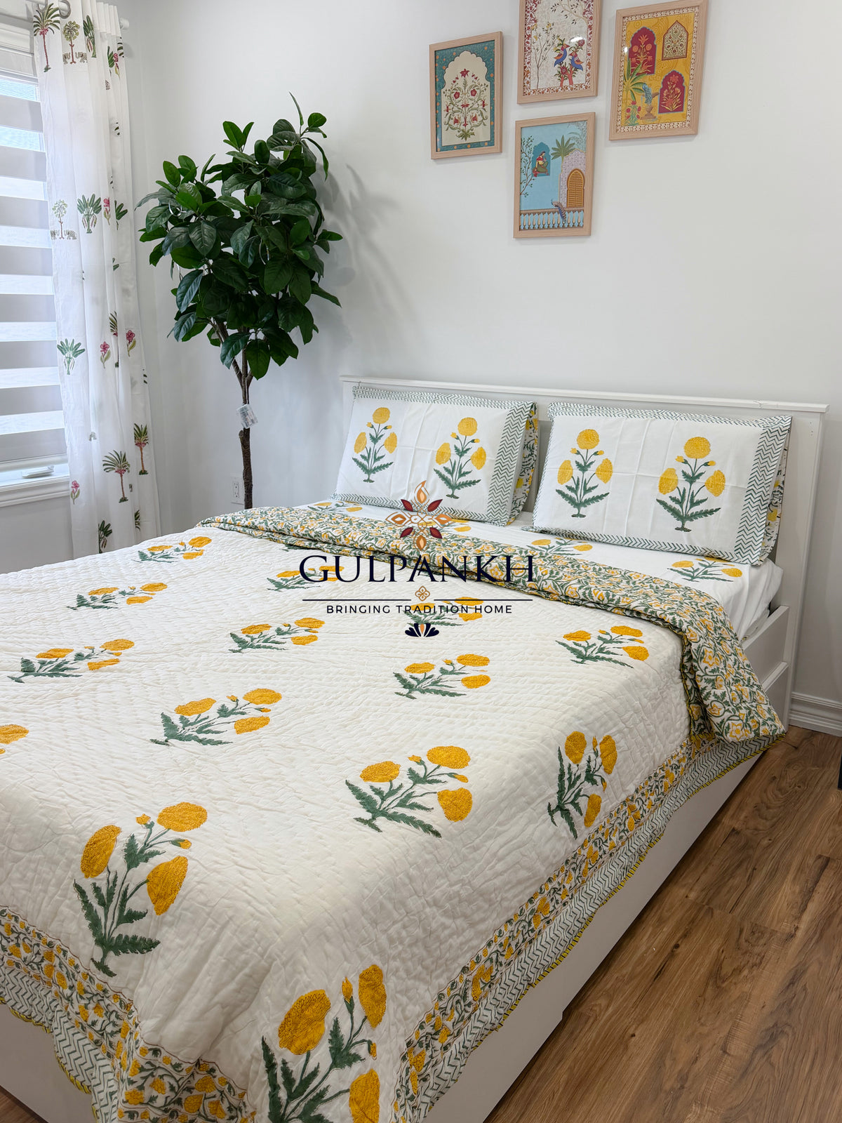 Hand Block Printed Cotton Bedding Queen Set with Quilt - Marigold Bloom | Gulpankh Canada