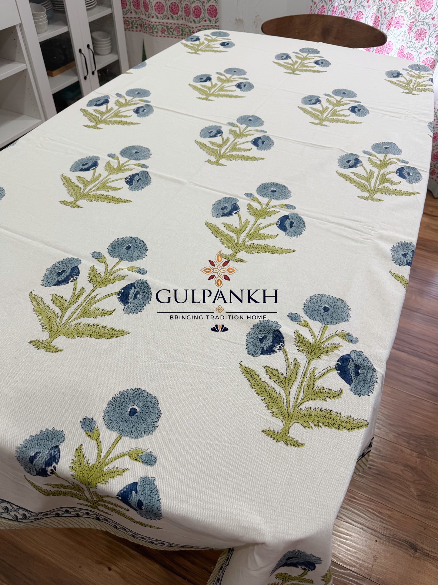 Hand Block Printed Cotton Table Cover - Blue Cornflower Meadow | Gulpankh Canada
