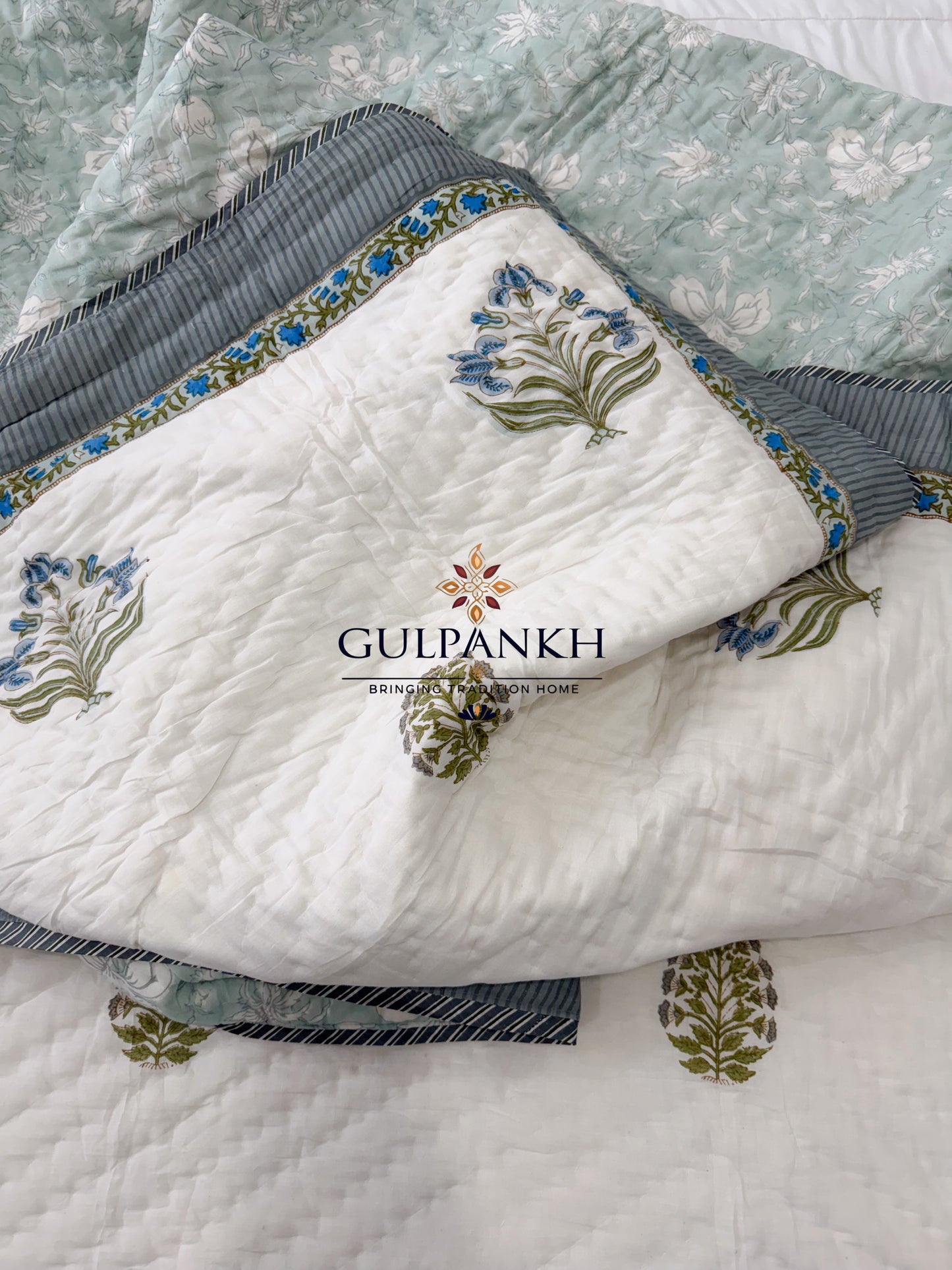 Hand Block Printed Cotton Quilt - Firdaus Bloom | Gulpankh Canada
