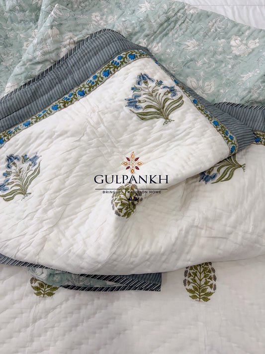 Hand Block Printed Cotton Quilt - Firdaus Bloom | Gulpankh Canada