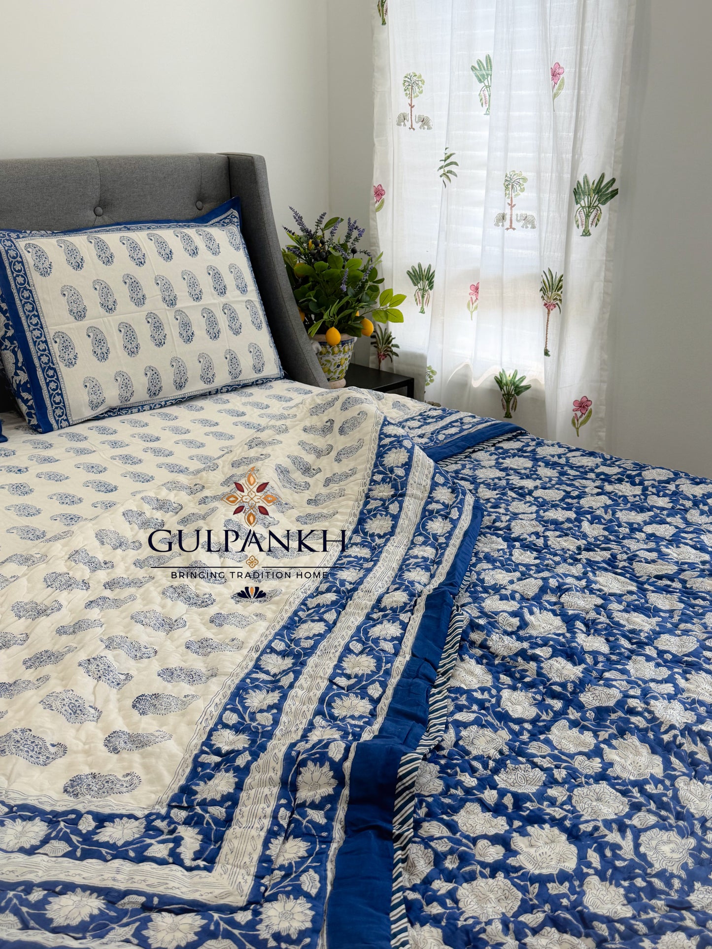 Hand Block Printed Cotton Bedding Set with Quilt - Indigo Paisley Bloom | Gulpankh Canada