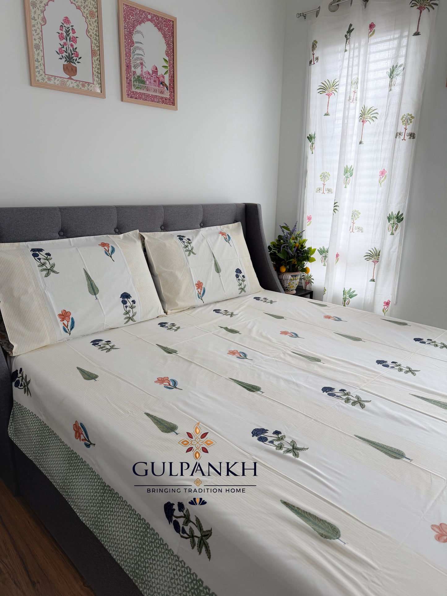 Vriksha Buta Hand Block Printed Flat Bedsheet | Gulpankh Canada