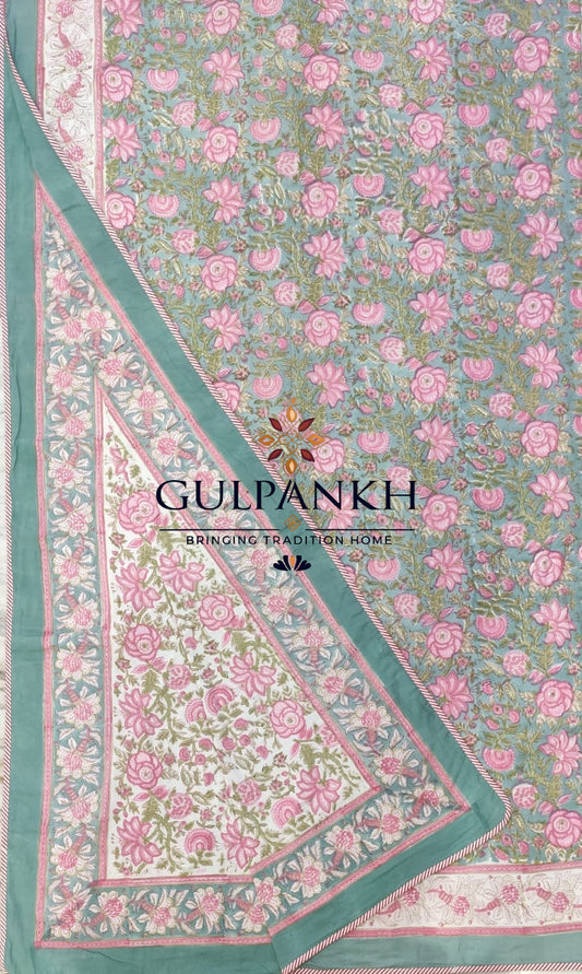 Hand Block Printed Mulmul Cotton Dohar - Rosé Meadow Mist | Gulpankh Canada