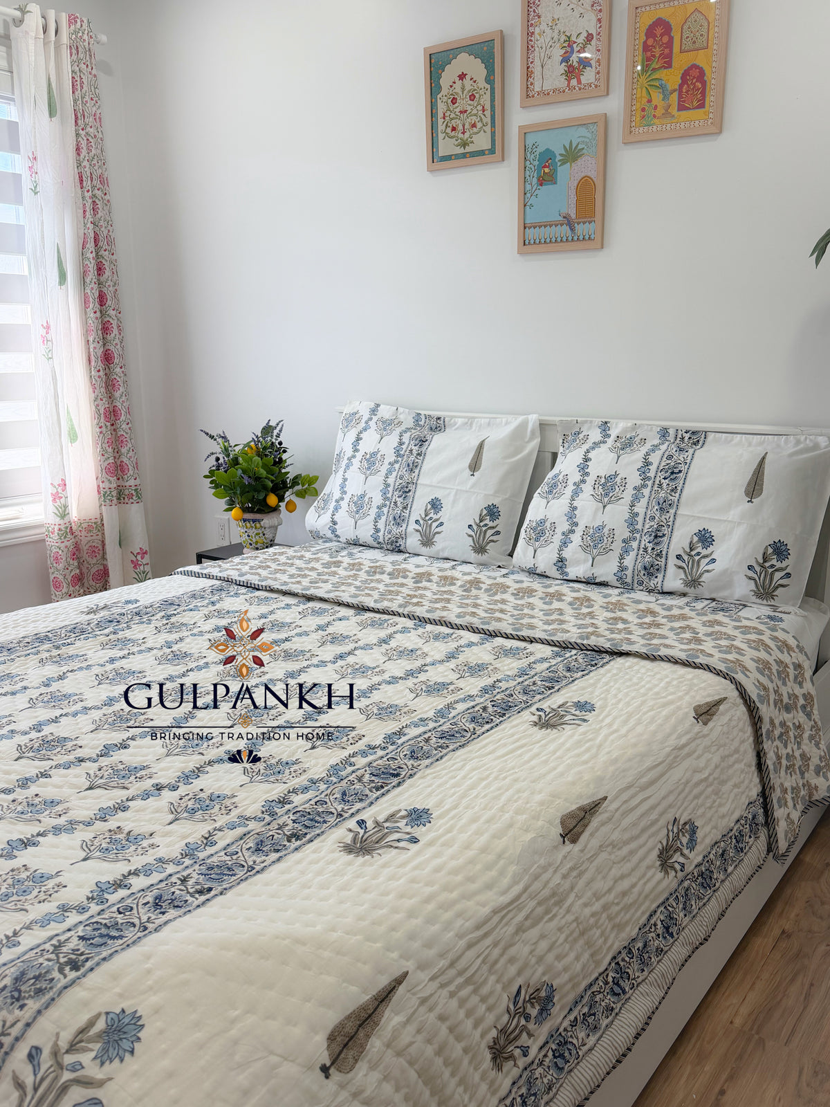 Hand Block Printed Cotton Bedding Queen Set with Quilt - Neel Aangan | Gulpankh Canada