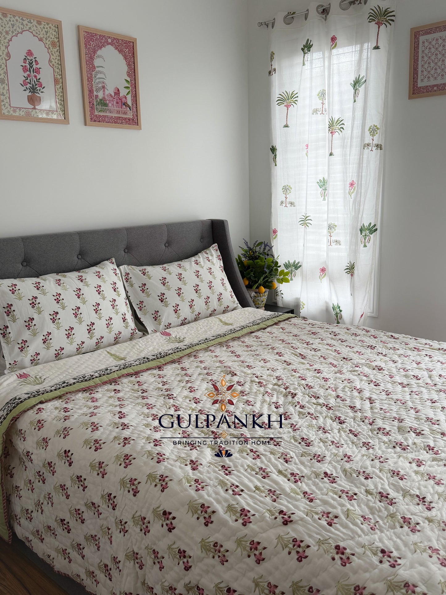 Hand Block Printed Cotton Quilt - Gulnaar Tulip Bloom | Gulpankh Canada