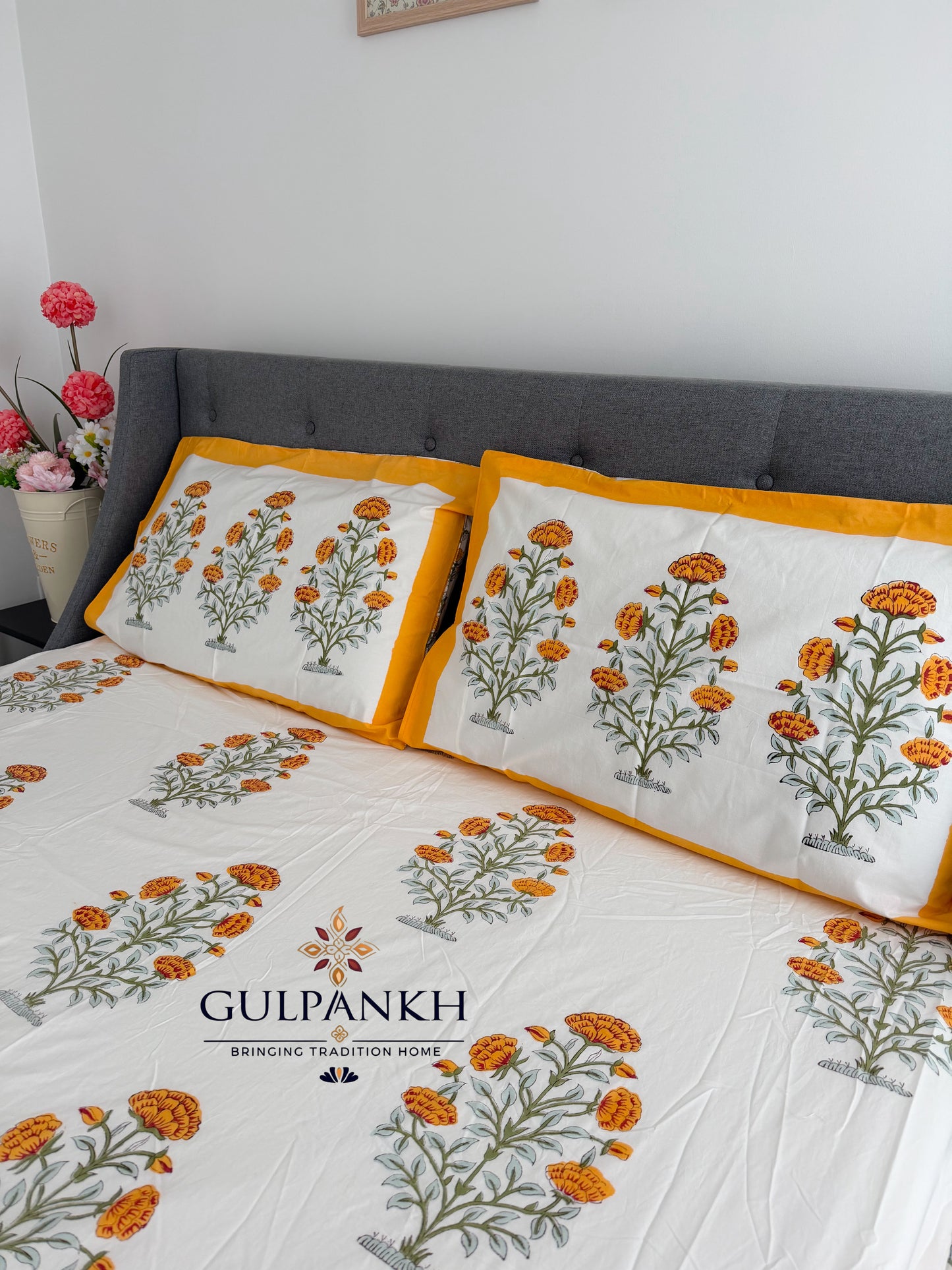 Genda Phool Hand Block Printed Fitted Bedsheet | Gulpankh Canada