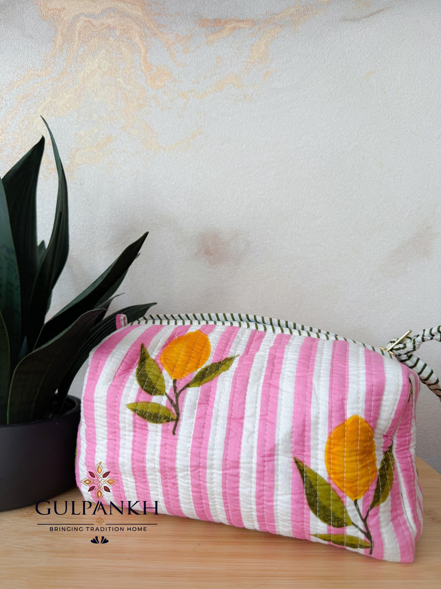 Hand Block Printed Quilted Vanity Bag – Pink Citrus Bloom | Gulpankh Canada