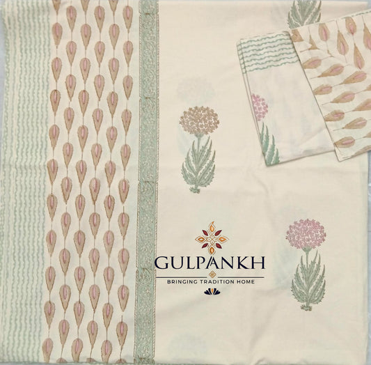 Hand Block Printed 100% Cotton Queen Fitted Bedsheet – Blush Aqua Meadow | Gulpankh Canada