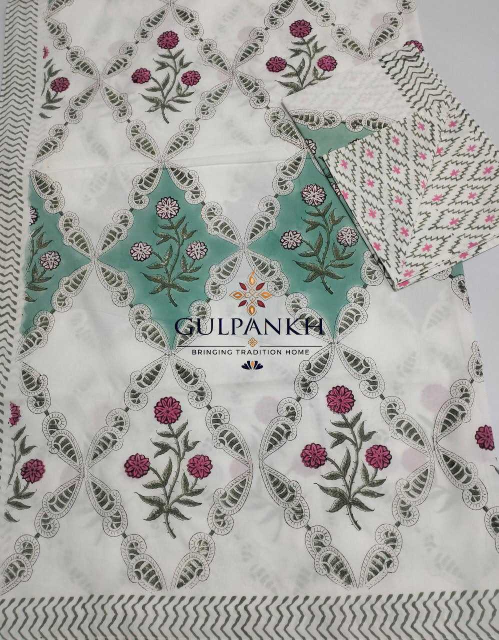 Hand Block Printed 100% Cotton King Fitted Bedsheet – Sage Pink Trellis | Gulpankh Canada