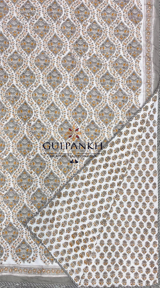 Hand Block Printed Mulmul Cotton Dohar - Vintage Ash Garden | Gulpankh Canada