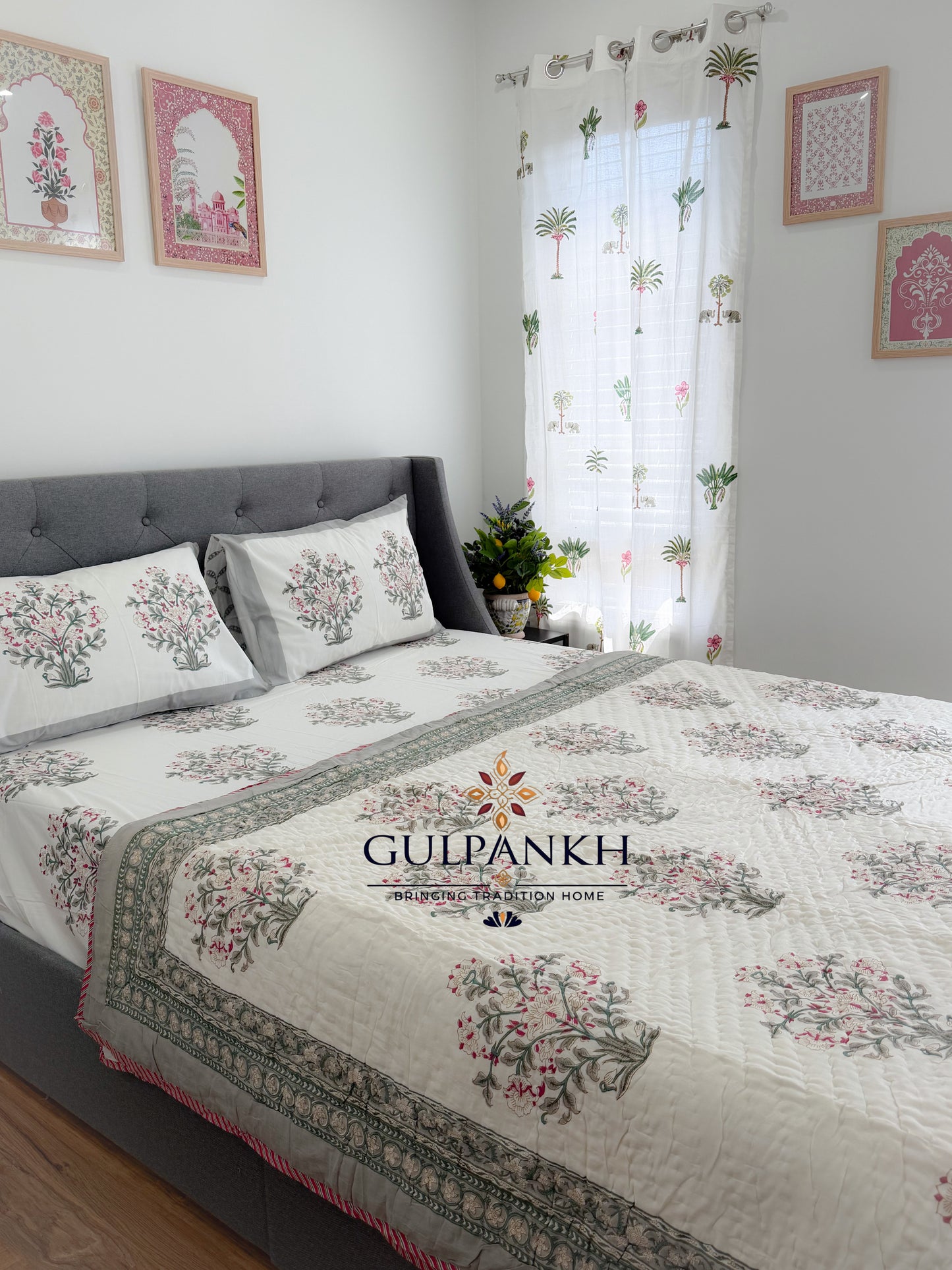 Hand Block Printed Cotton Bedding Set with Quilt - Rosé Meadow Luxe | Gulpankh Canada