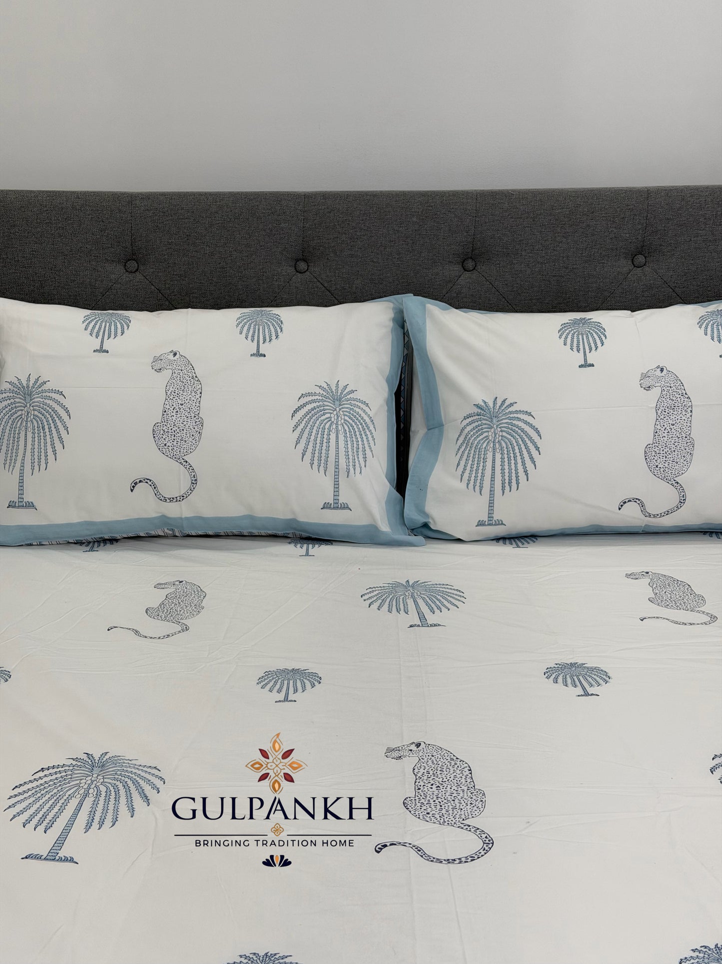 Hand Block Printed King Fitted Bedsheet - Neel Baagh Vatika | Gulpankh Canada