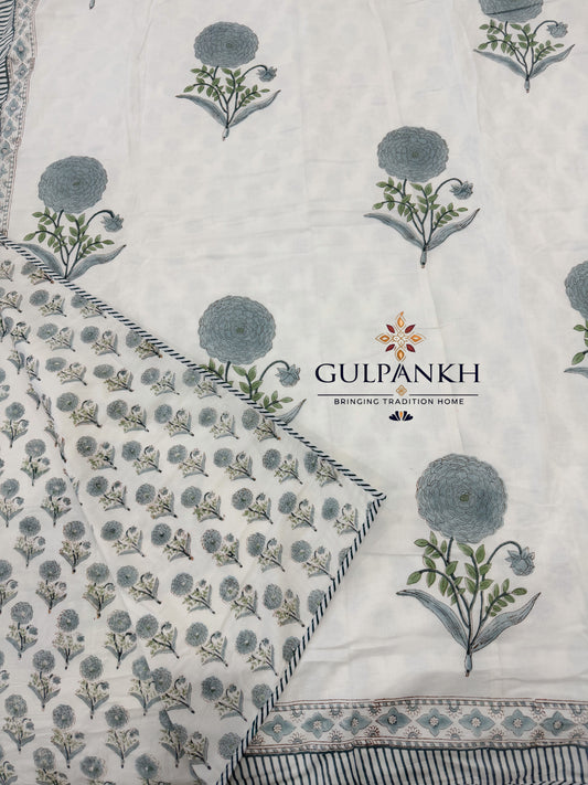Hand Block Printed Mulmul Cotton Dohar - Misty Blue Botanica | Gulpankh Canada