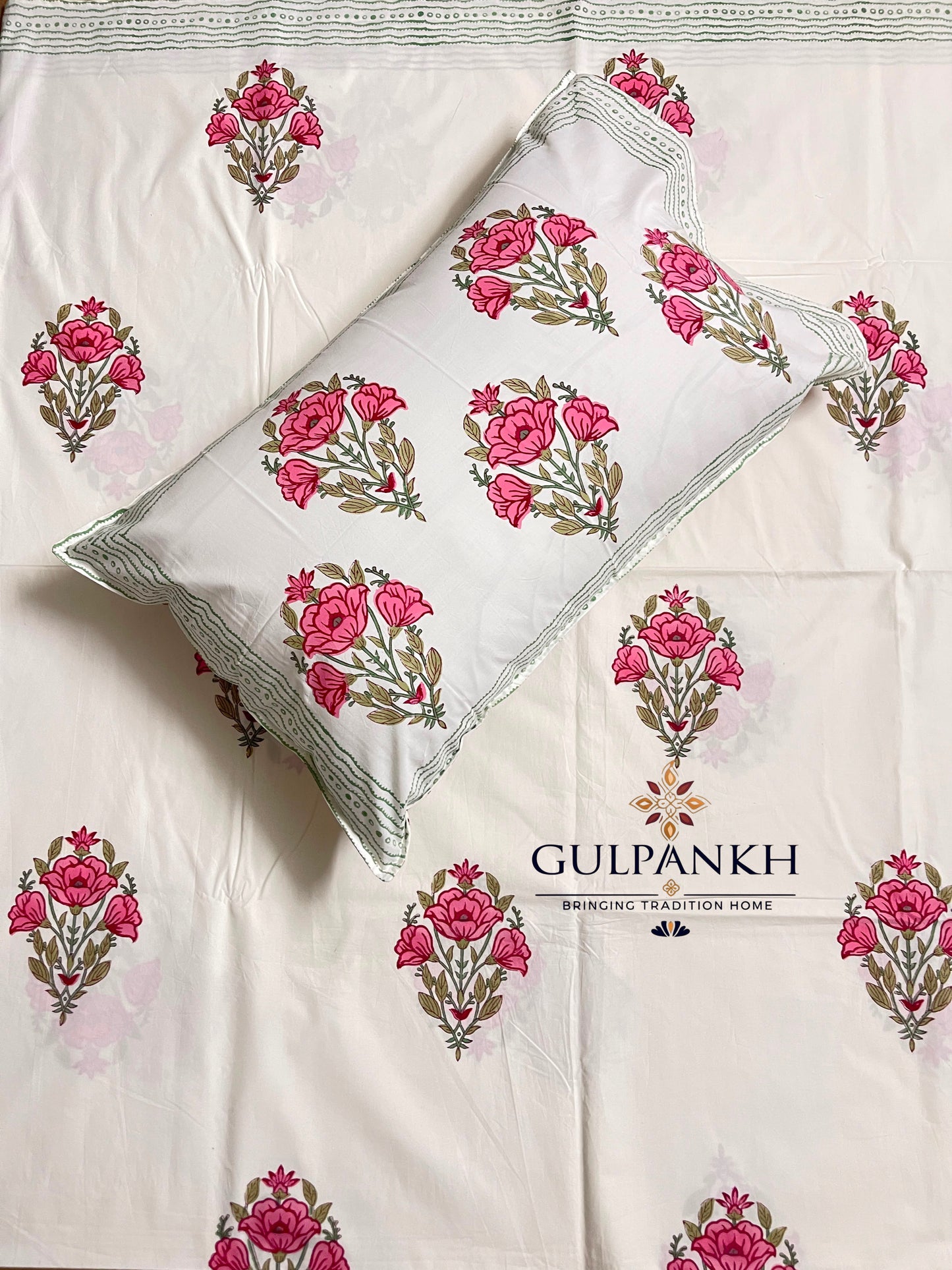 Hand Block Printed Fitted Bedsheet - Gulabi Rose Bahaar | Gulpankh Canada