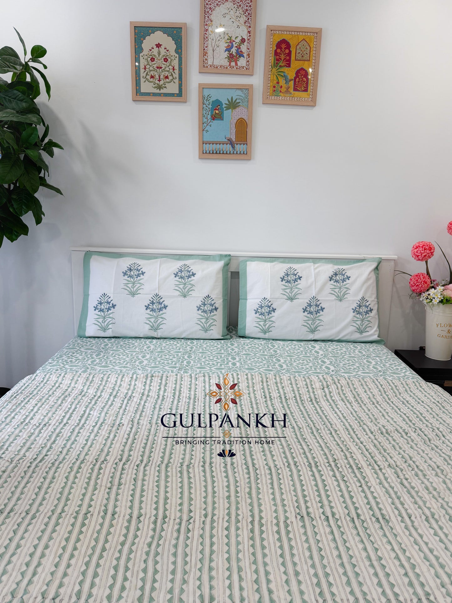 Hand Block Printed Cotton Bedding Set with Quilt - Mint Courtyard Luxe | Gulpankh Canada