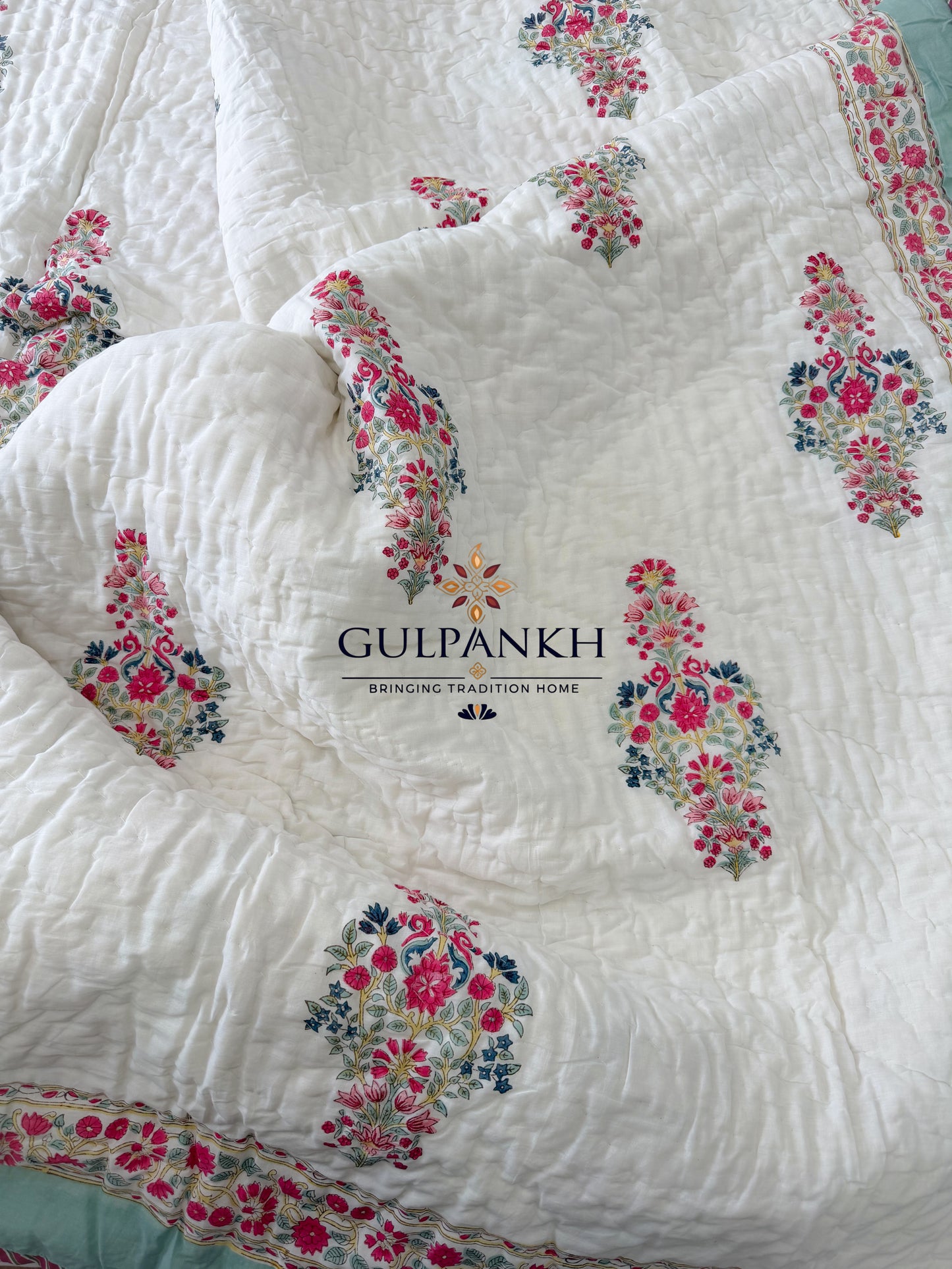 Reversible Hand Block Printed Cotton Quilt - Aafreen Mint Gulzar | Gulpankh Canada