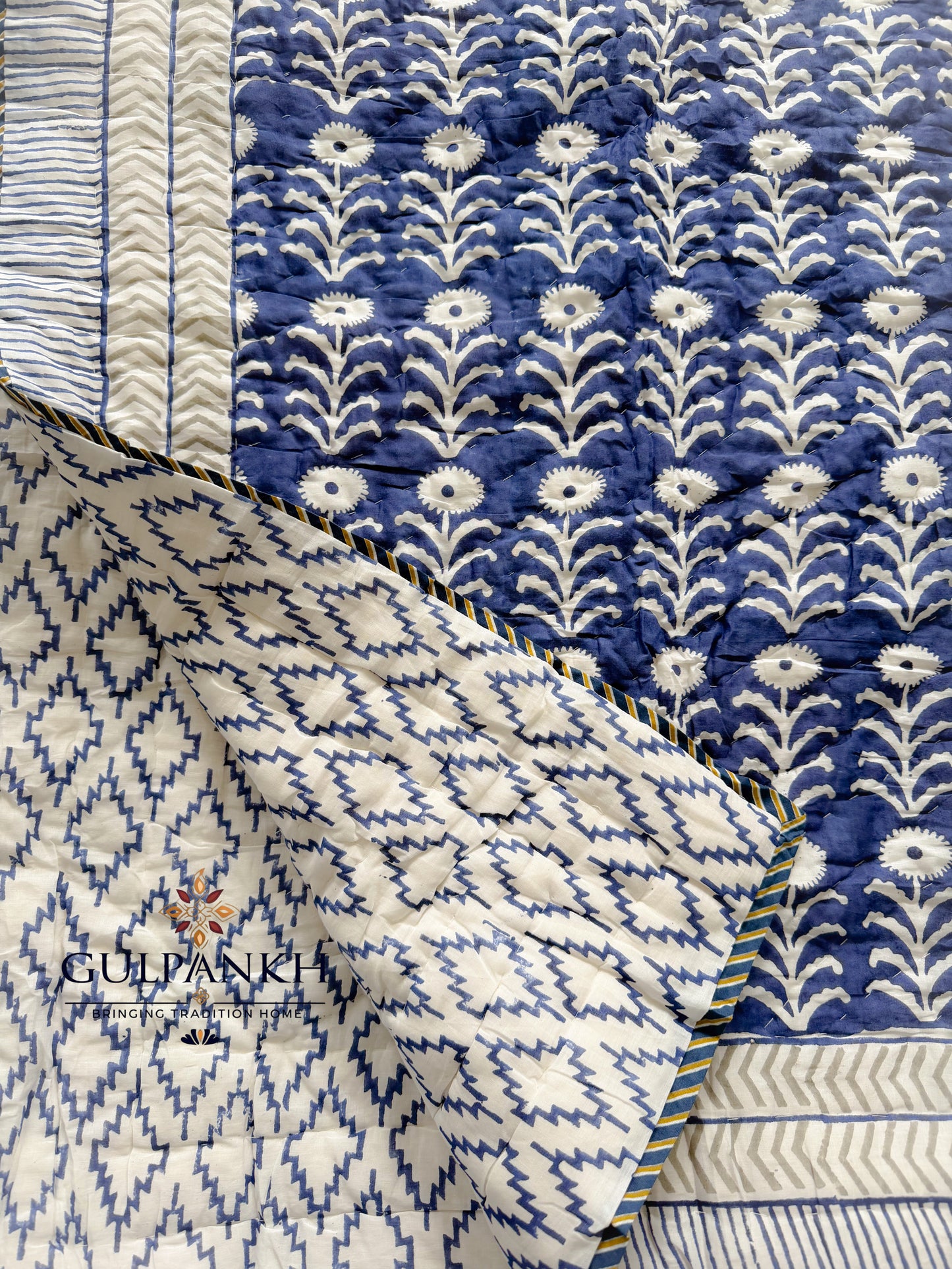 Hand Block Printed Cotton Quilt - Indigo Gulnaar | Gulpankh Canada