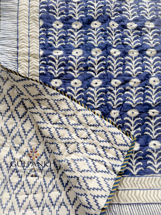 Hand Block Printed Cotton Quilt - Indigo Gulnaar | Gulpankh Canada