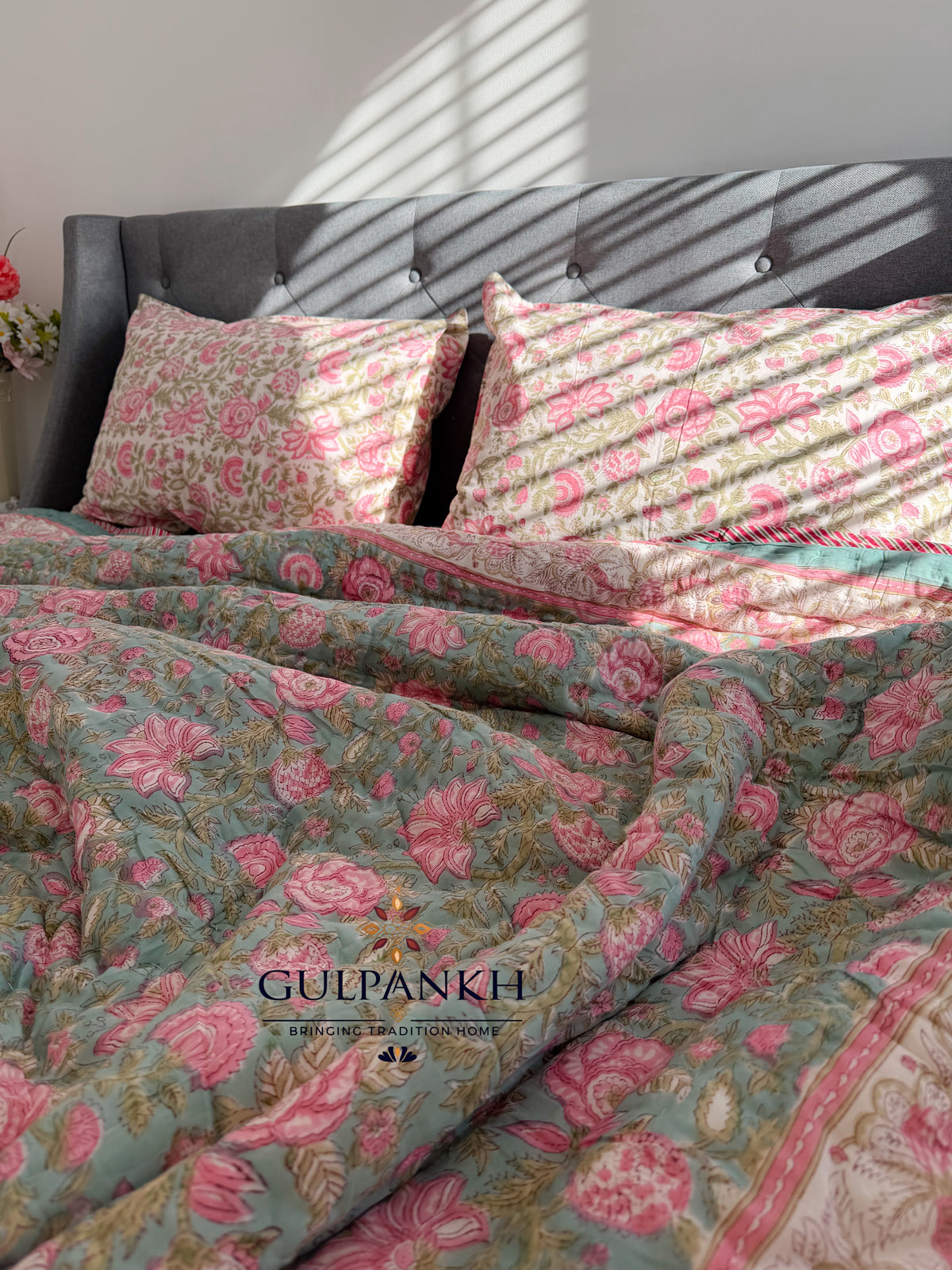 Hand Block Printed Reversible Cotton Quilt - Rose Sage Grove | Gulpankh Canada