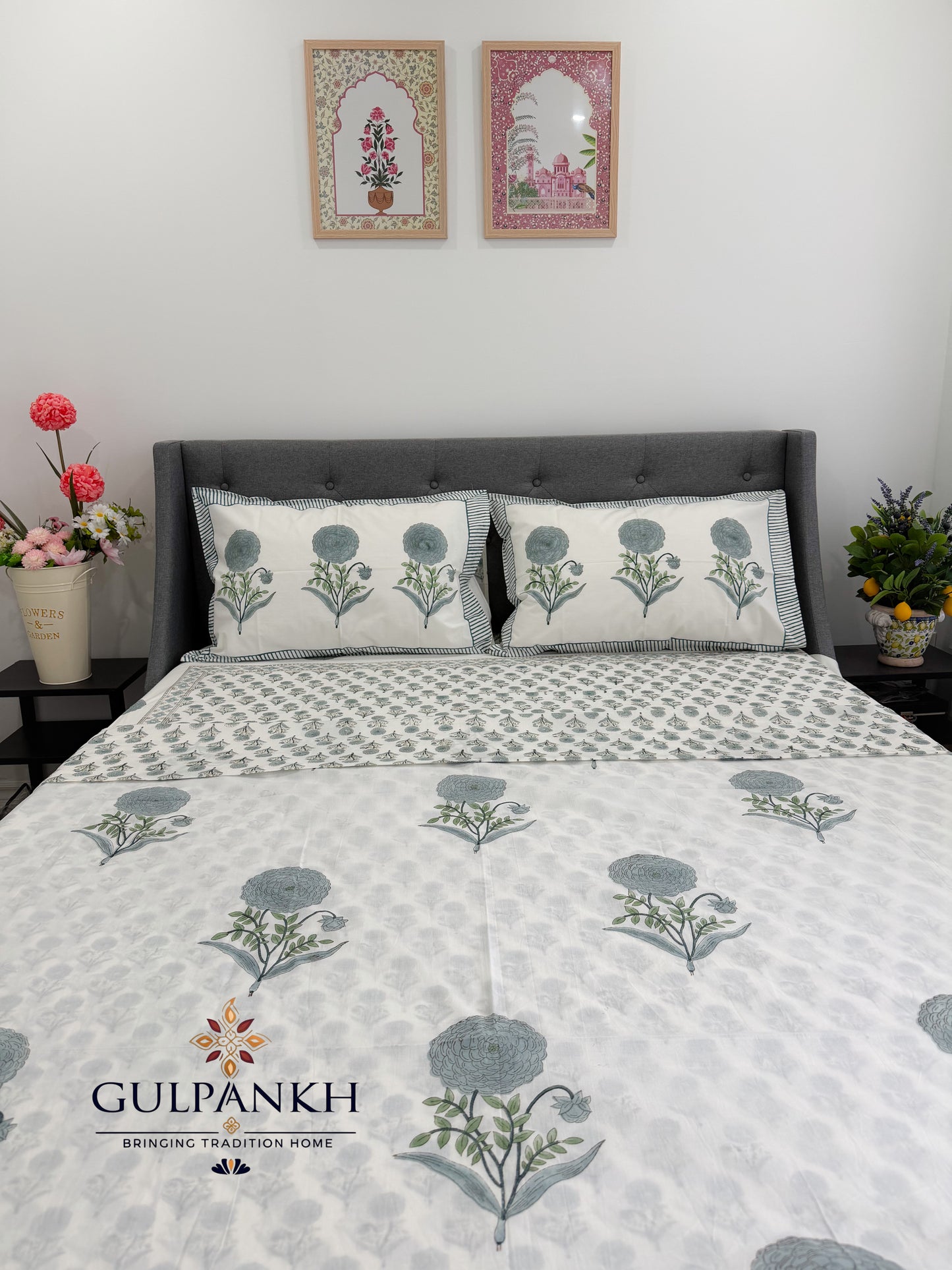 Sage Blossom Garden Hand Block Printed Cotton Bedsheet with Matching Duvet Cover | Gulpankh Canada