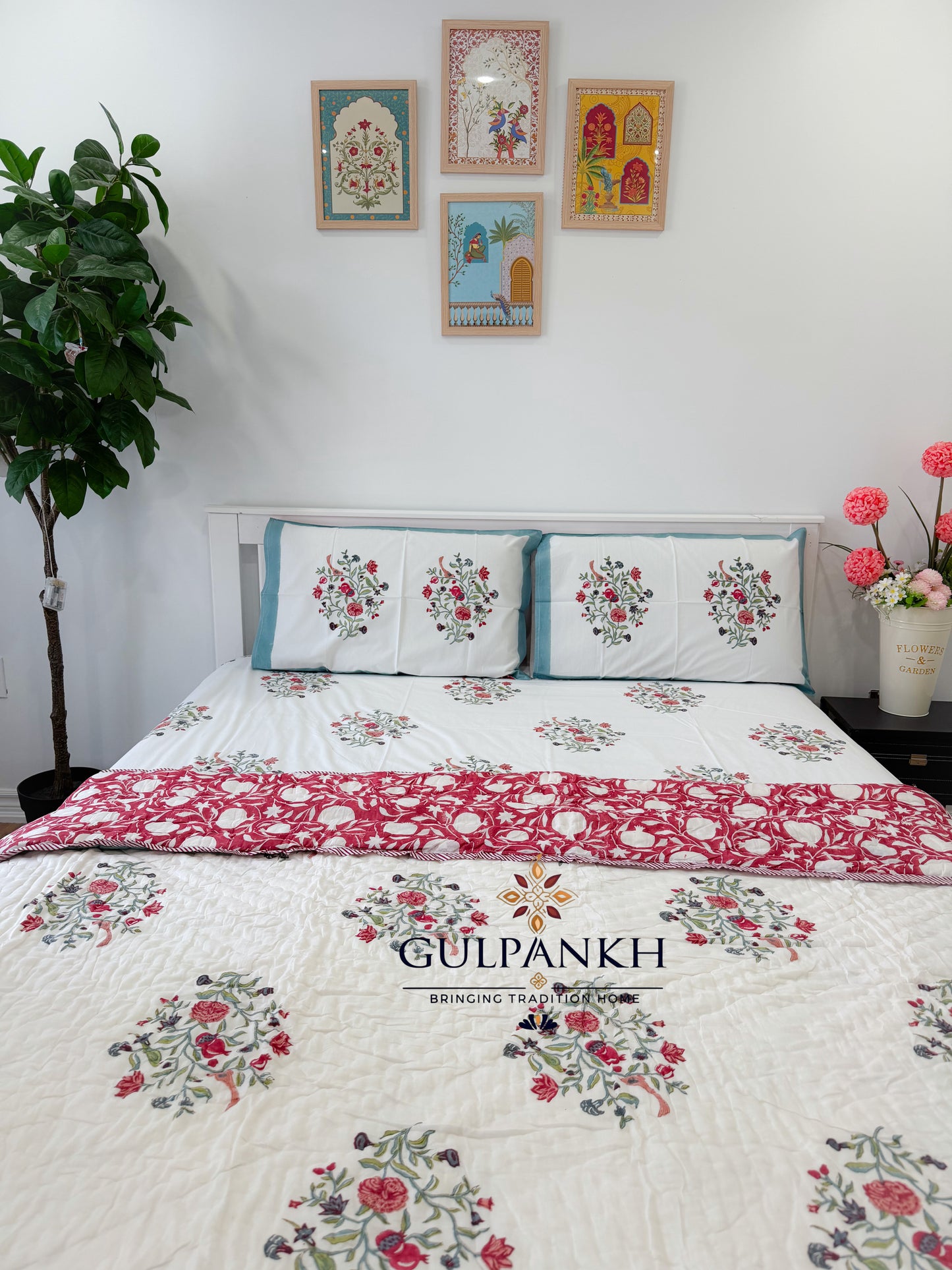Hand Block Printed Cotton Bedding Set with Quilt - Noor-e-Gulab | Gulpankh Canada
