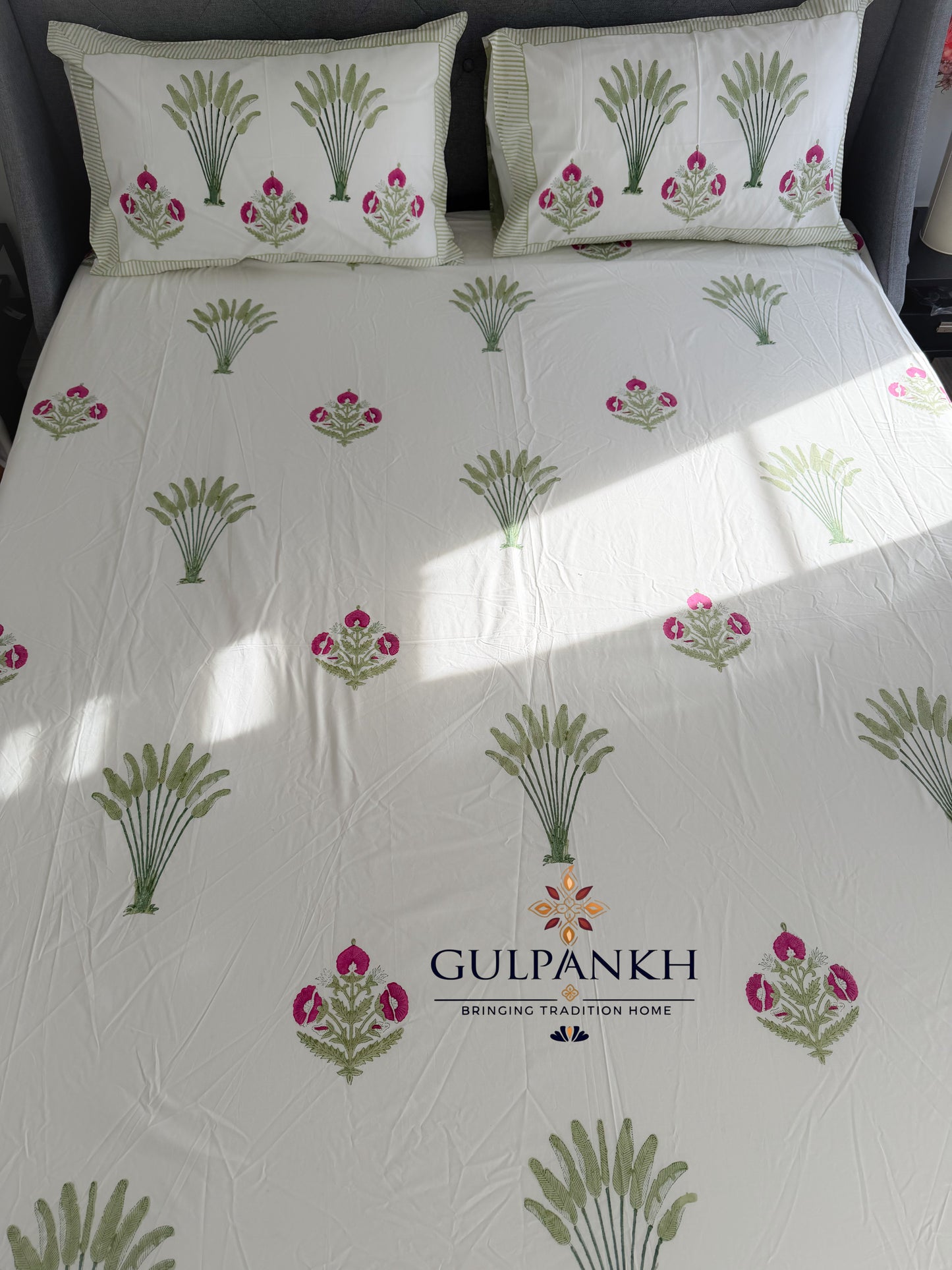 Lotus Meadow Hand Block Printed Flat Bedsheet | Gulpankh Canada