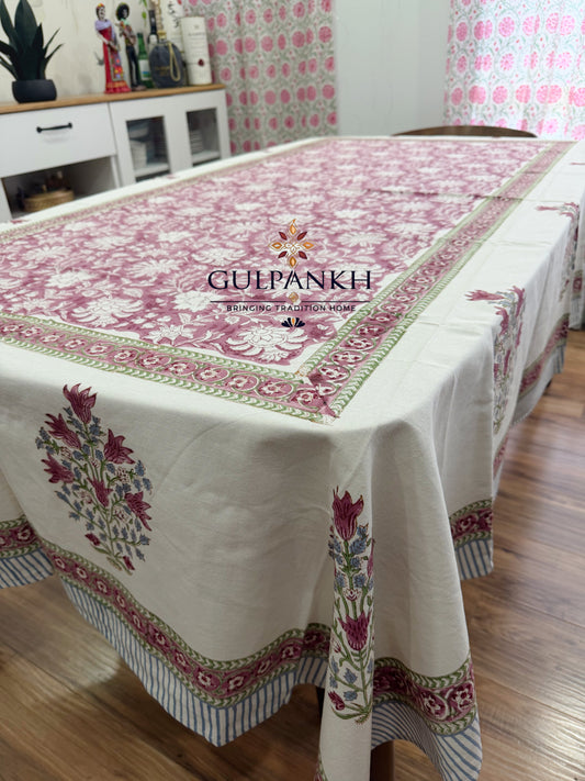 Hand Block Printed Cotton Table Cover - Rosewood Blossom Garden | Gulpankh Canada